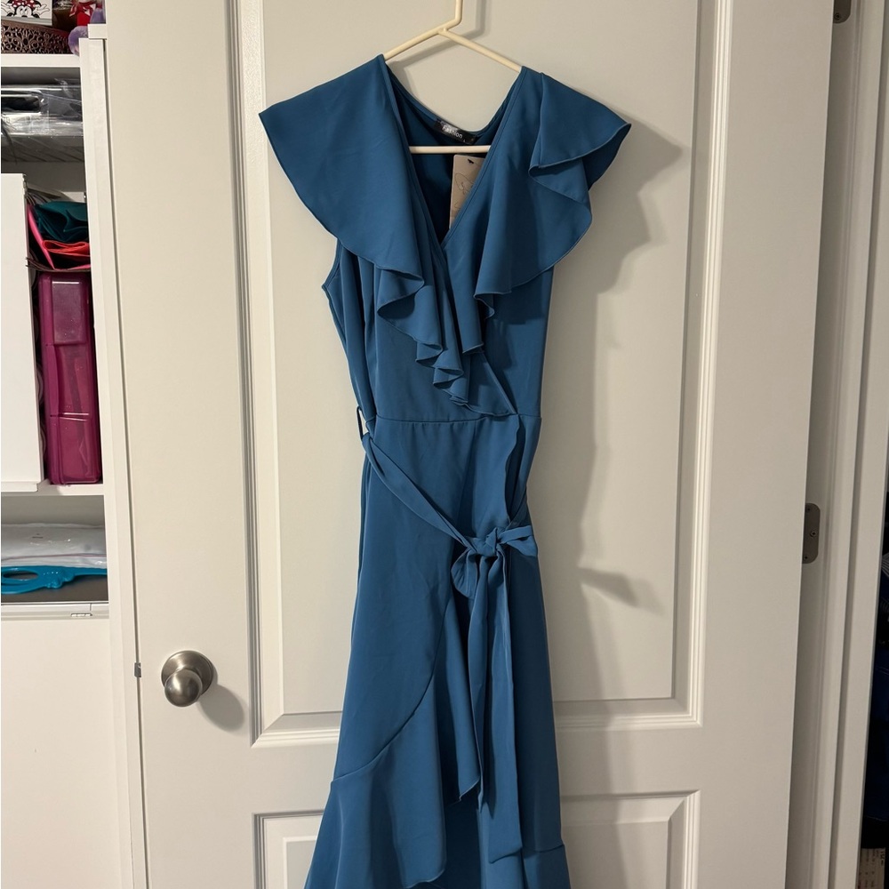 Blue Asymmetrical Wrap Dress with Cowl Neck and Sleeveless Design